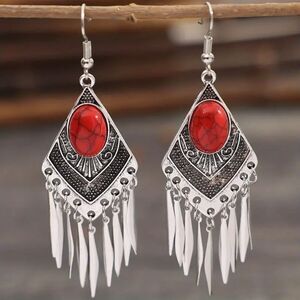 Bohemian Vintage Synthetic Red Turquoise Dangle Earrings –Silver-Plated Elegance